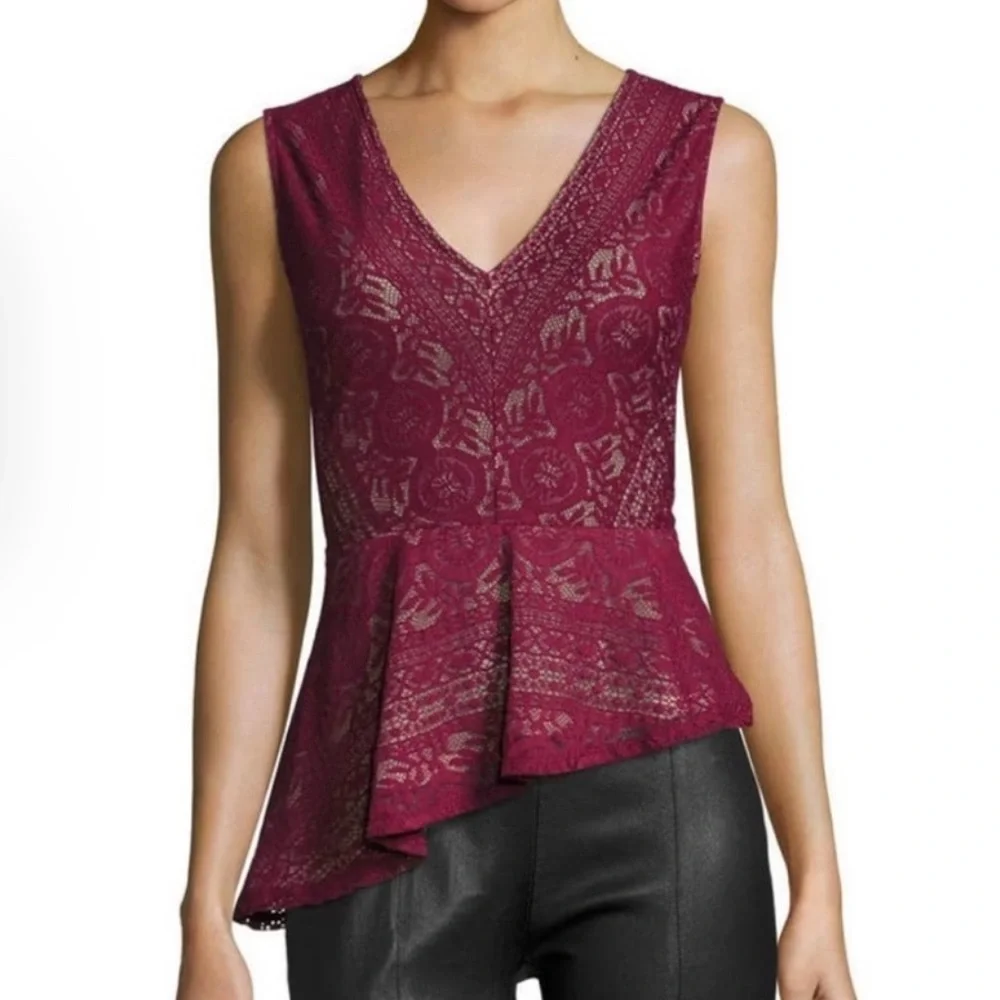 BCBGMAXAZRIA Avalon Lace Top Peplum Asymmetrical Hem Feminine Coquette Going Out - Picture 1 of 6